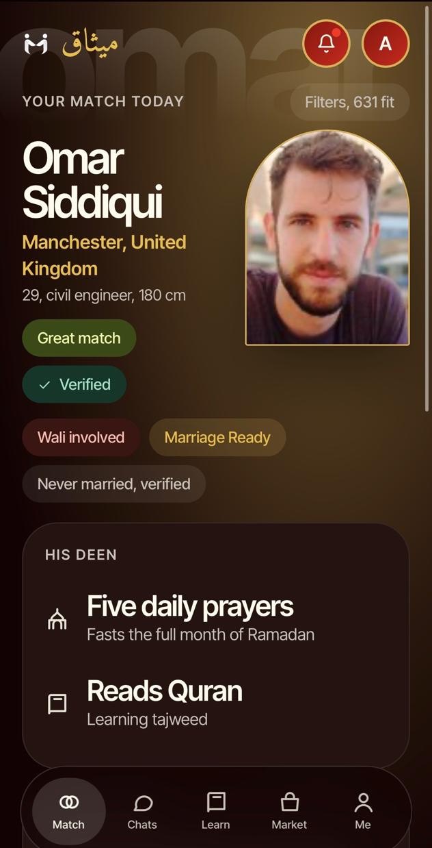 A daily match in the Misaq app, showing verified and wali involved badges