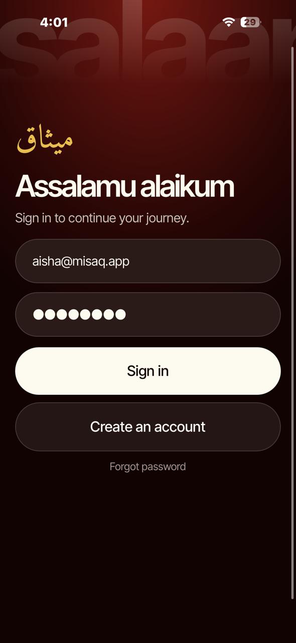 The Misaq sign in screen, greeting the user with Assalamu alaikum