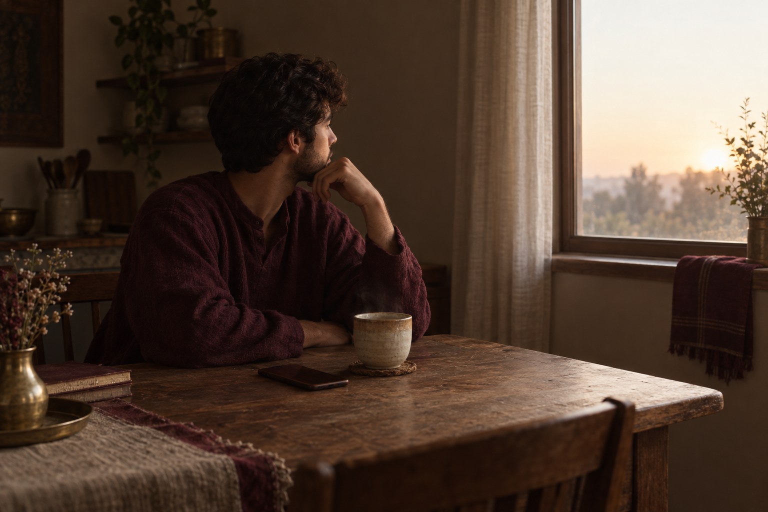 A man sitting alone at a table at dawn with his phone face down