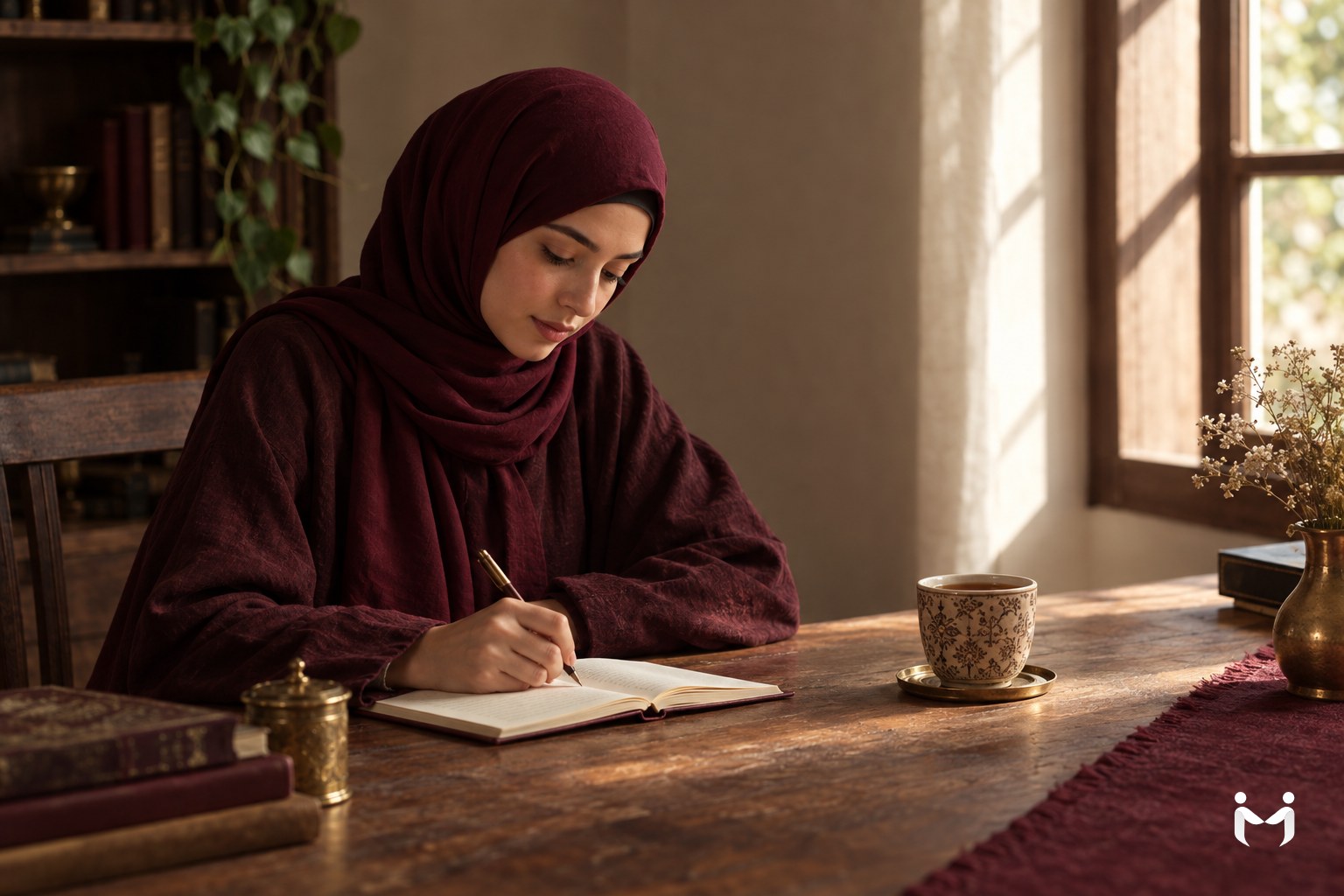 A young woman in hijab writing a list in a notebook at a sunlit desk