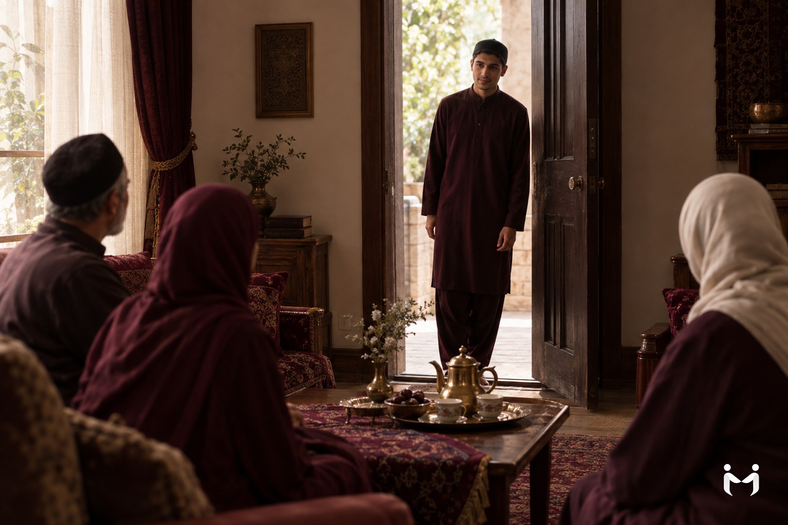 A young man at the doorway of a family sitting room where tea is set out