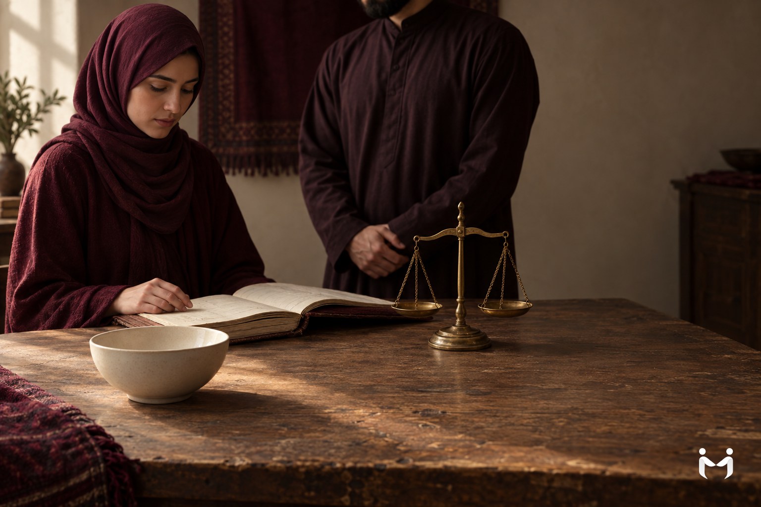 An empty bowl, an open ledger and a brass scale at rest on a wooden table