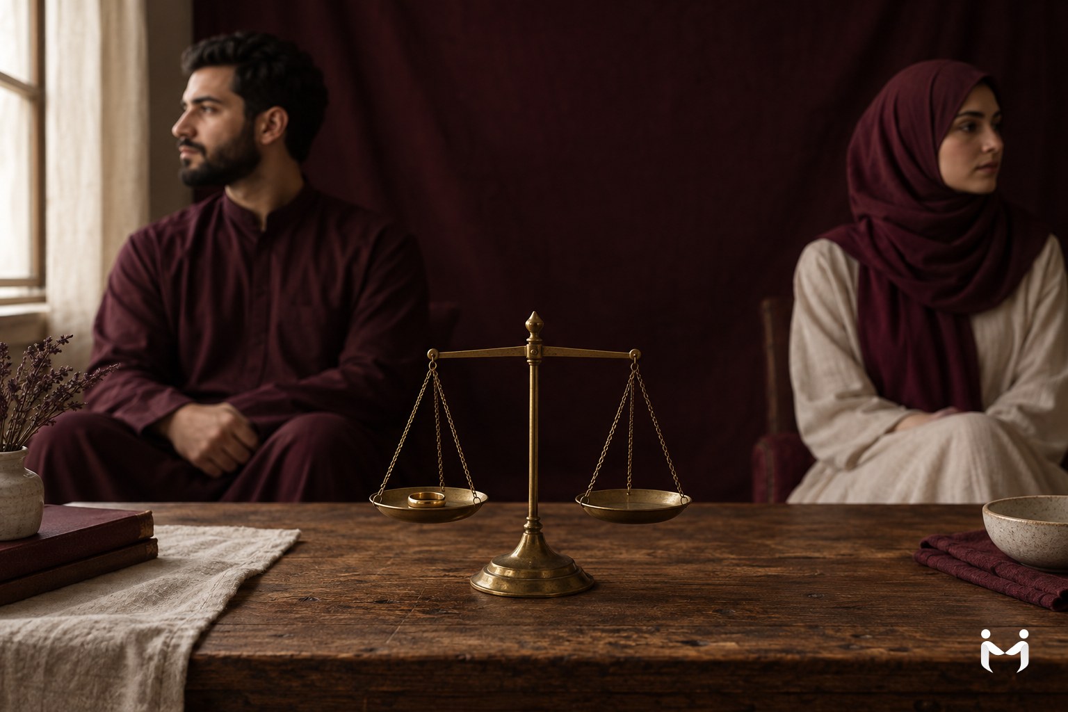 A brass scale holding a simple gold ring, a couple seated behind it
