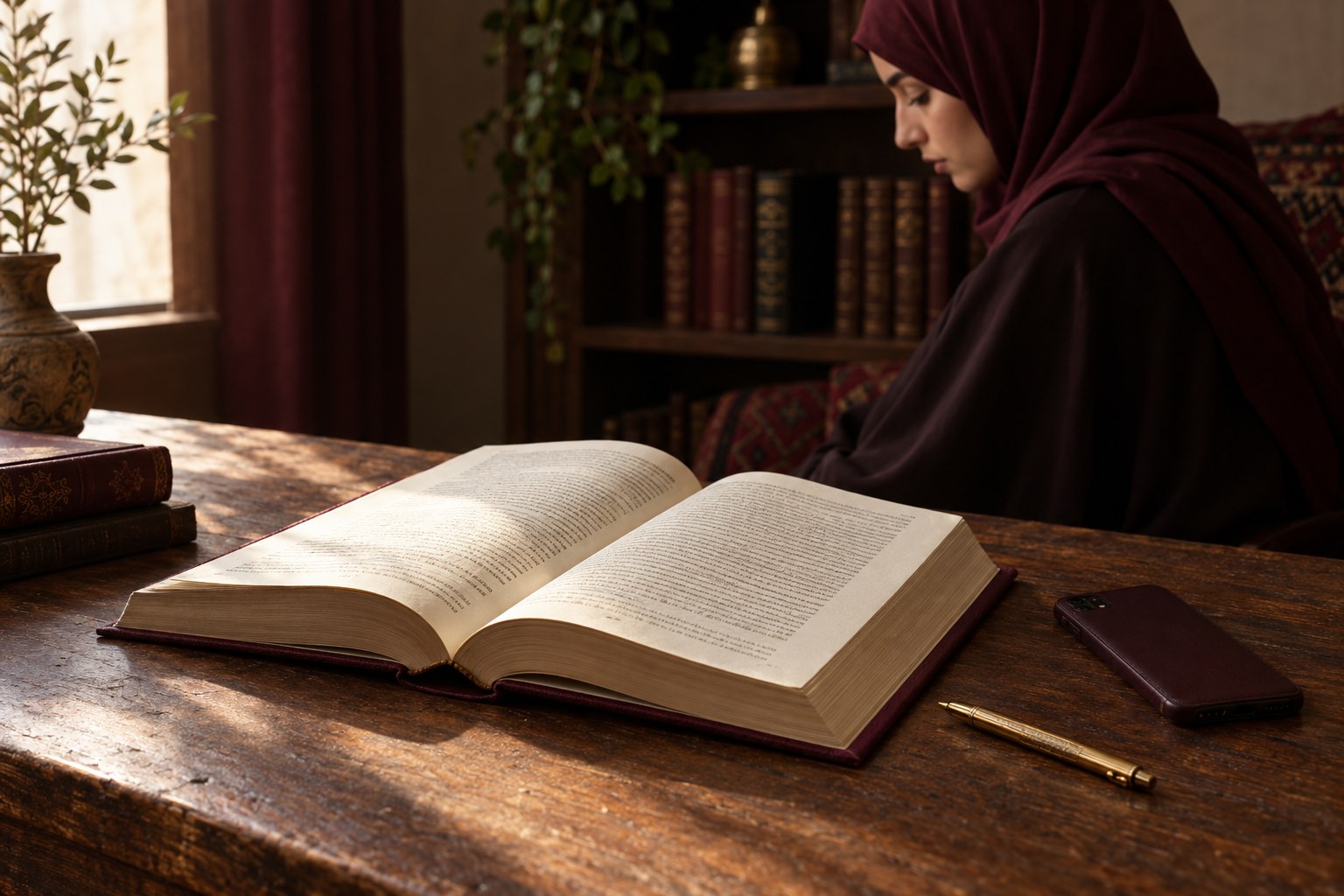 An open book of Islamic jurisprudence on a wooden desk beside a phone