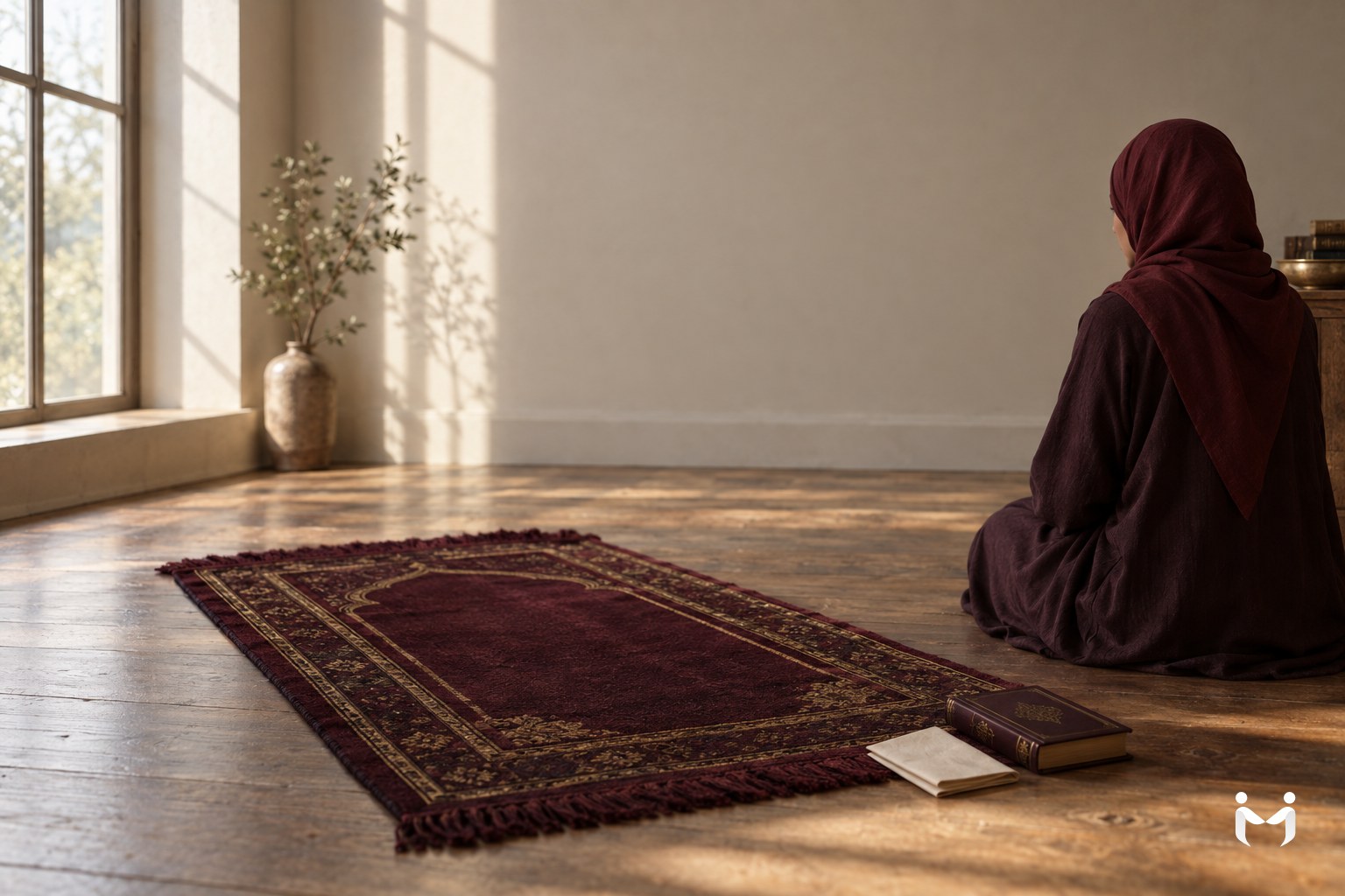 A prayer mat in a bright bare room with a small book at its edge
