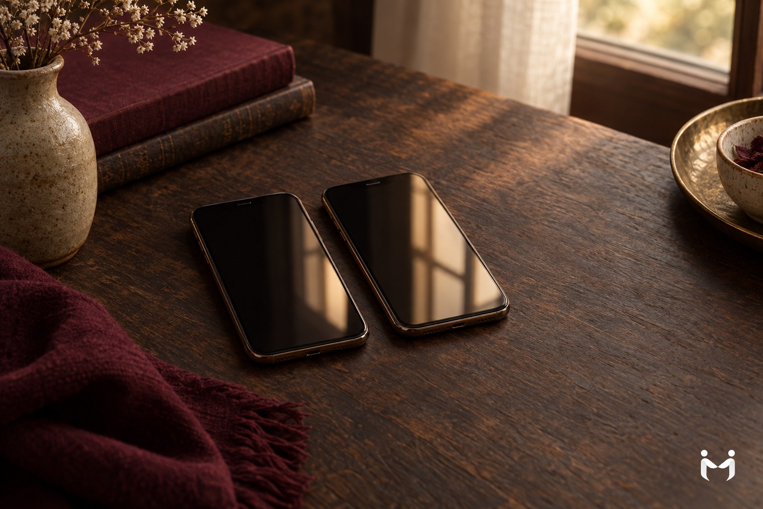 Two identical smartphones side by side on a dark wooden table